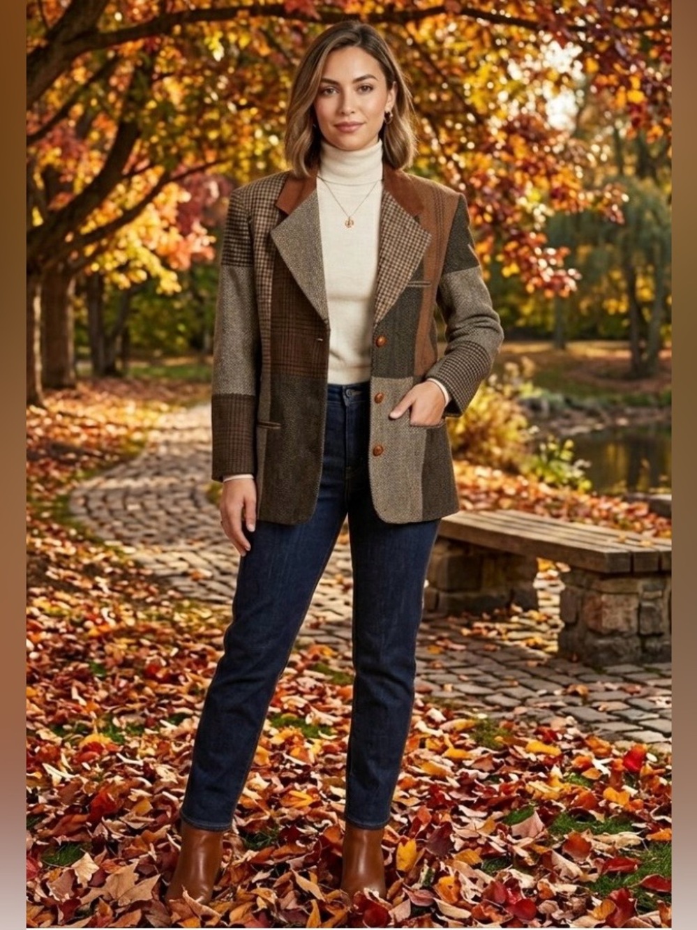 VTG International Scene Patchwork Tweed Jacket Blazer Wool Suede Women’s 9/10